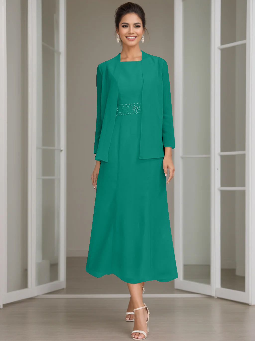 Column Jewel Neck Tea Length Mother of the Bride Dress