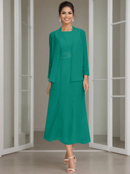 Column Jewel Neck Tea Length Mother of the Bride Dress