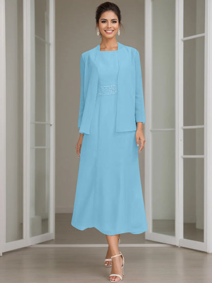 Column Jewel Neck Tea Length Mother of the Bride Dress