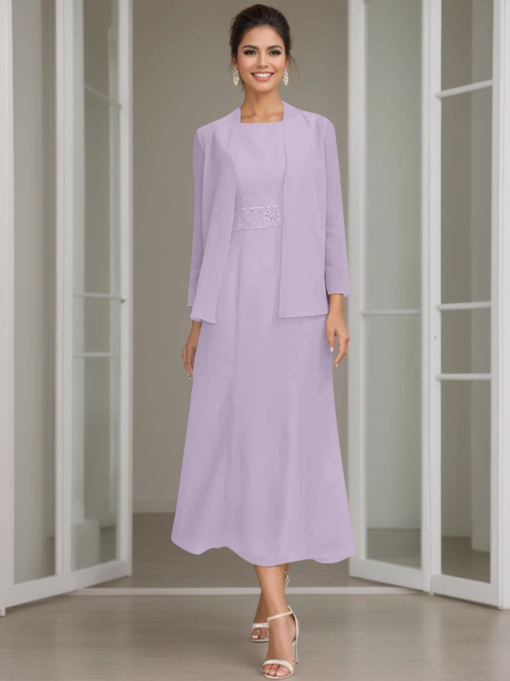 Column Jewel Neck Tea Length Mother of the Bride Dress