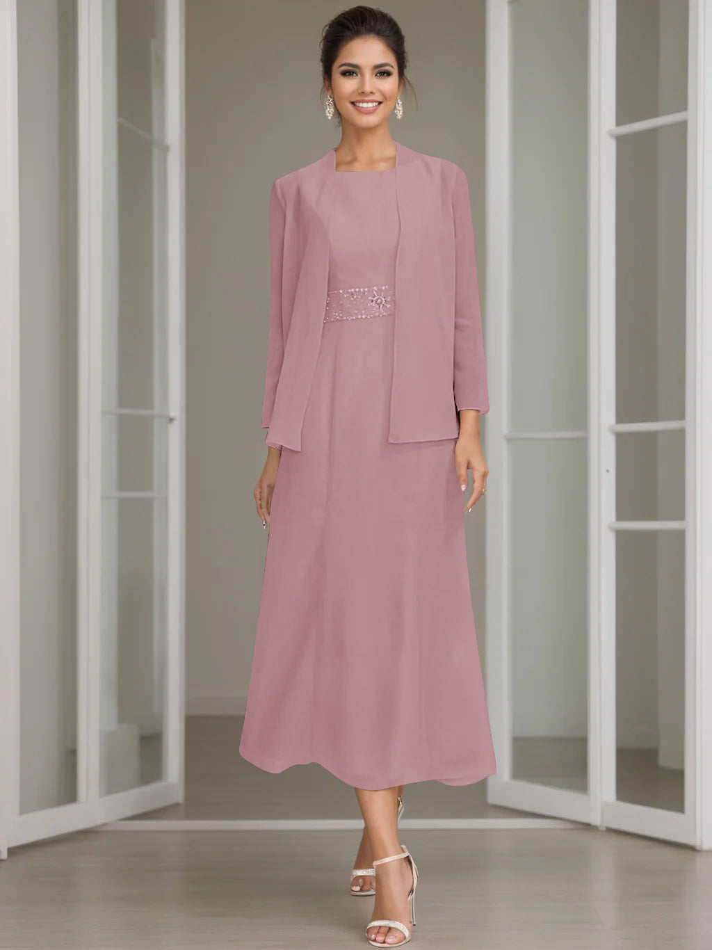 Column Jewel Neck Tea Length Mother of the Bride Dress