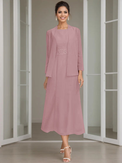 Column Jewel Neck Tea Length Mother of the Bride Dress