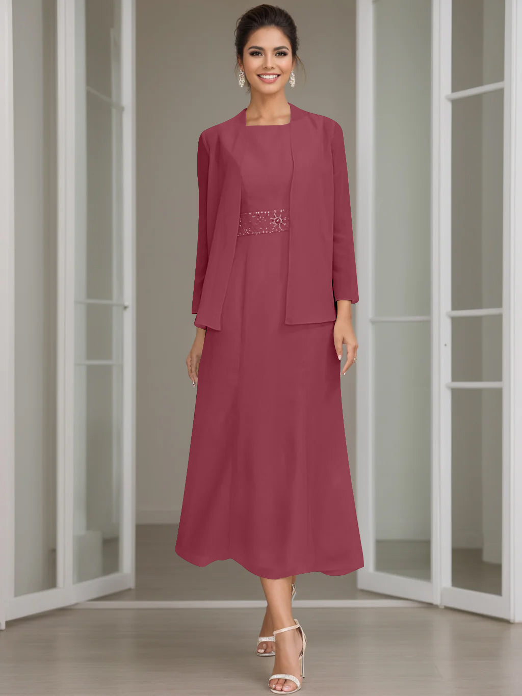 Column Jewel Neck Tea Length Mother of the Bride Dress