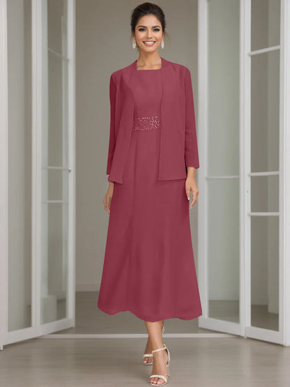 Column Jewel Neck Tea Length Mother of the Bride Dress