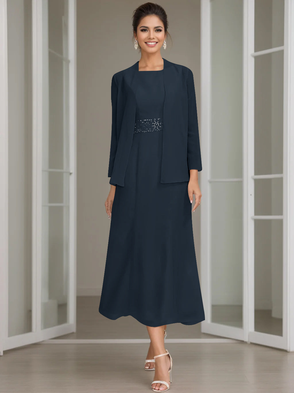 Column Jewel Neck Tea Length Mother of the Bride Dress