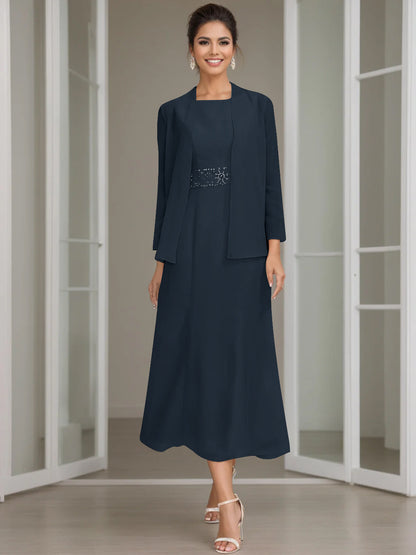 Column Jewel Neck Tea Length Mother of the Bride Dress