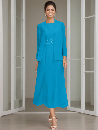 Column Jewel Neck Tea Length Mother of the Bride Dress