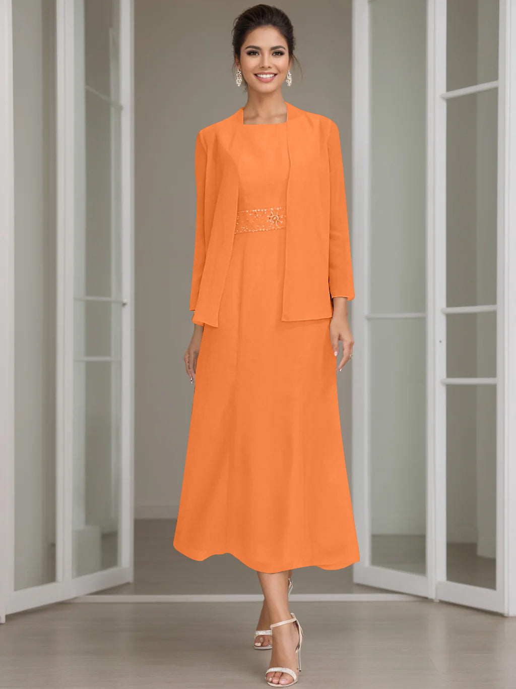 Column Jewel Neck Tea Length Mother of the Bride Dress