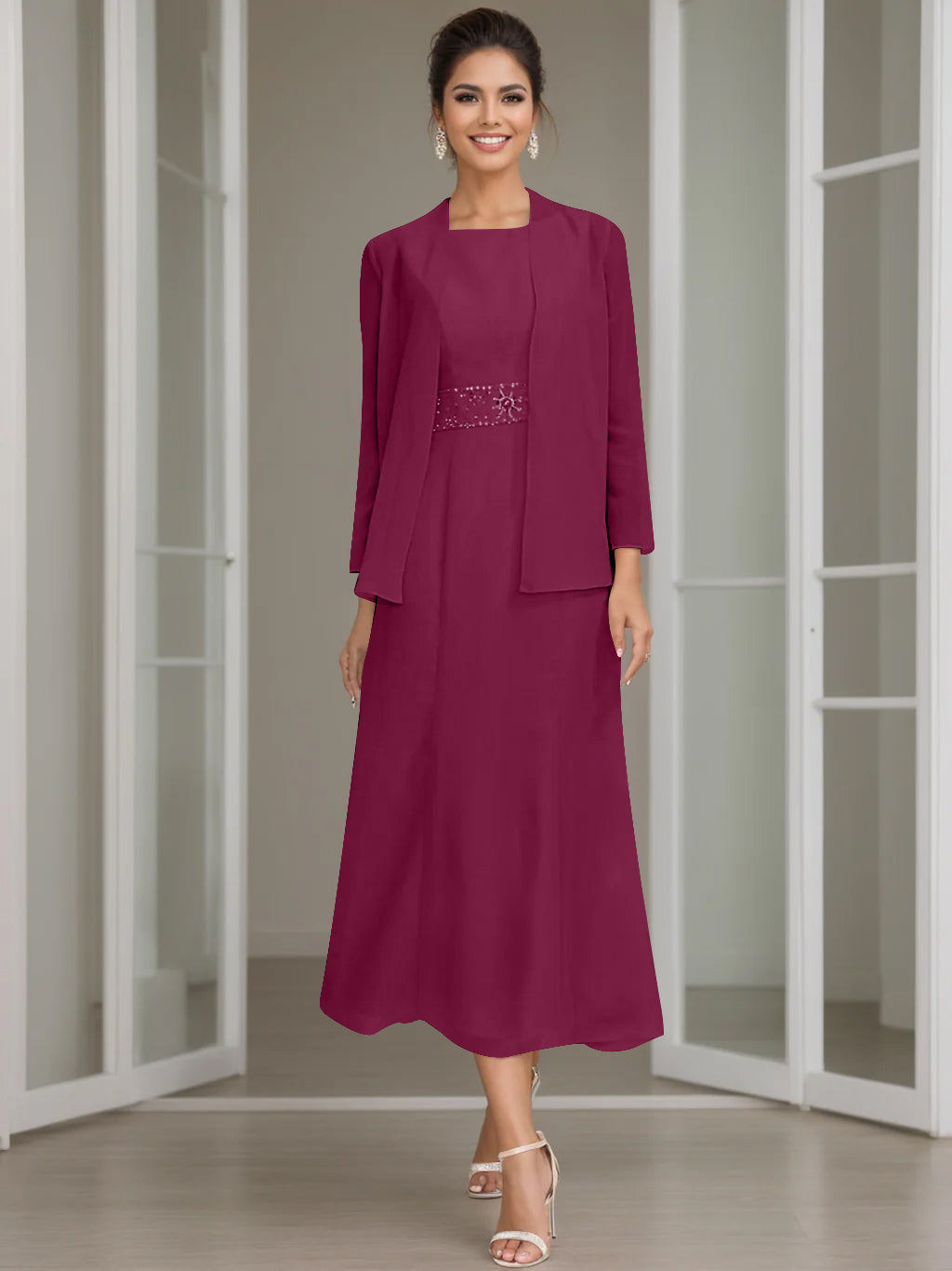 Column Jewel Neck Tea Length Mother of the Bride Dress