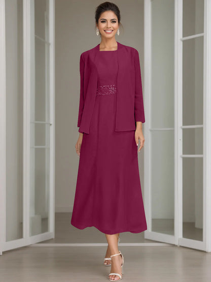 Column Jewel Neck Tea Length Mother of the Bride Dress