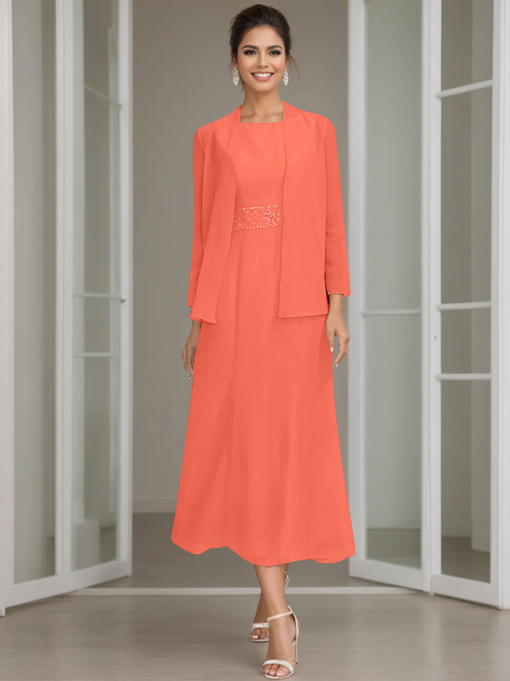 Column Jewel Neck Tea Length Mother of the Bride Dress