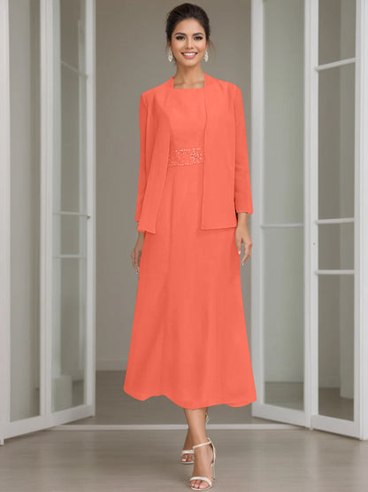 Column Jewel Neck Tea Length Mother of the Bride Dress