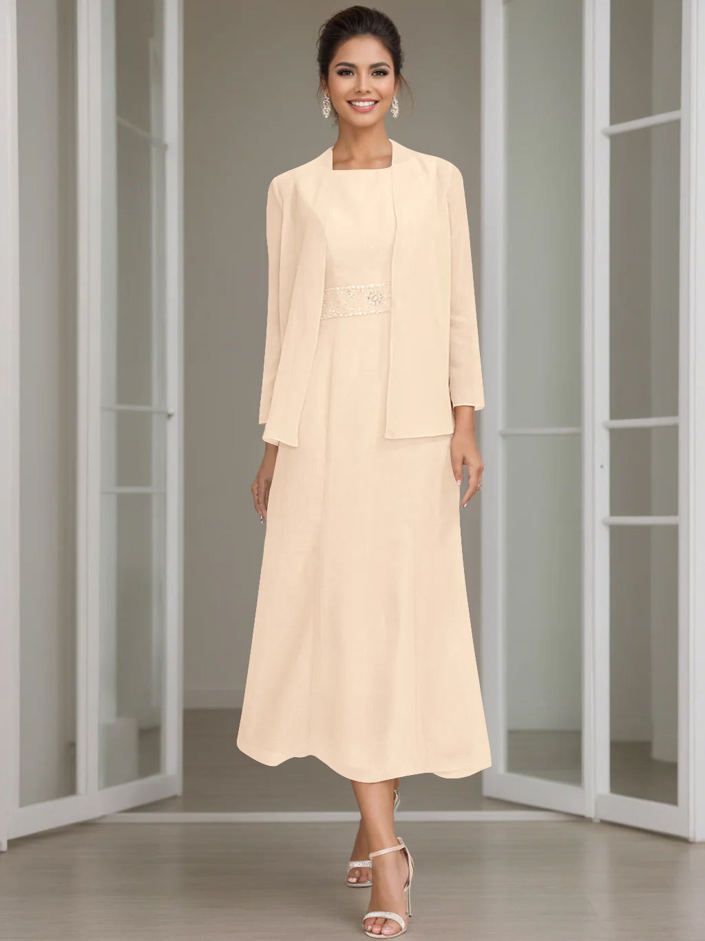 Column Jewel Neck Tea Length Mother of the Bride Dress