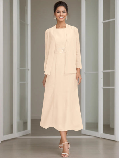 Column Jewel Neck Tea Length Mother of the Bride Dress