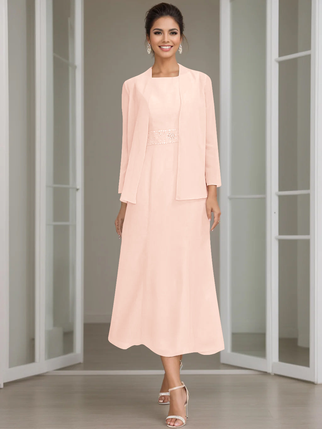 Column Jewel Neck Tea Length Mother of the Bride Dress