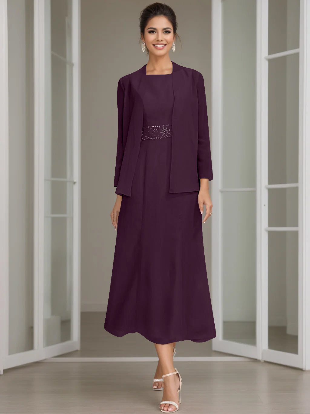 Column Jewel Neck Tea Length Mother of the Bride Dress