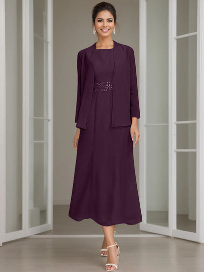 Column Jewel Neck Tea Length Mother of the Bride Dress