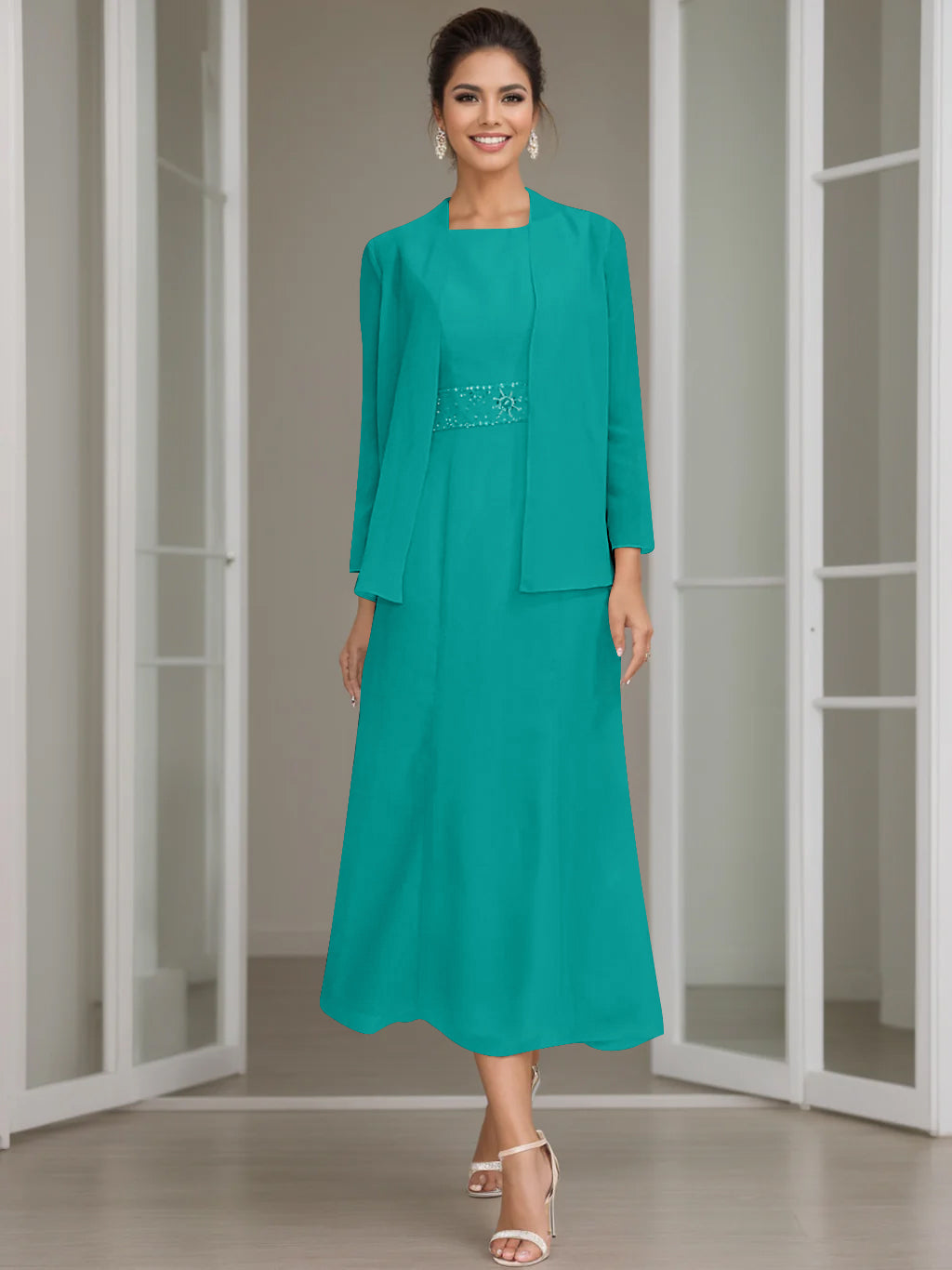Column Jewel Neck Tea Length Mother of the Bride Dress