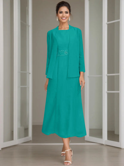 Column Jewel Neck Tea Length Mother of the Bride Dress
