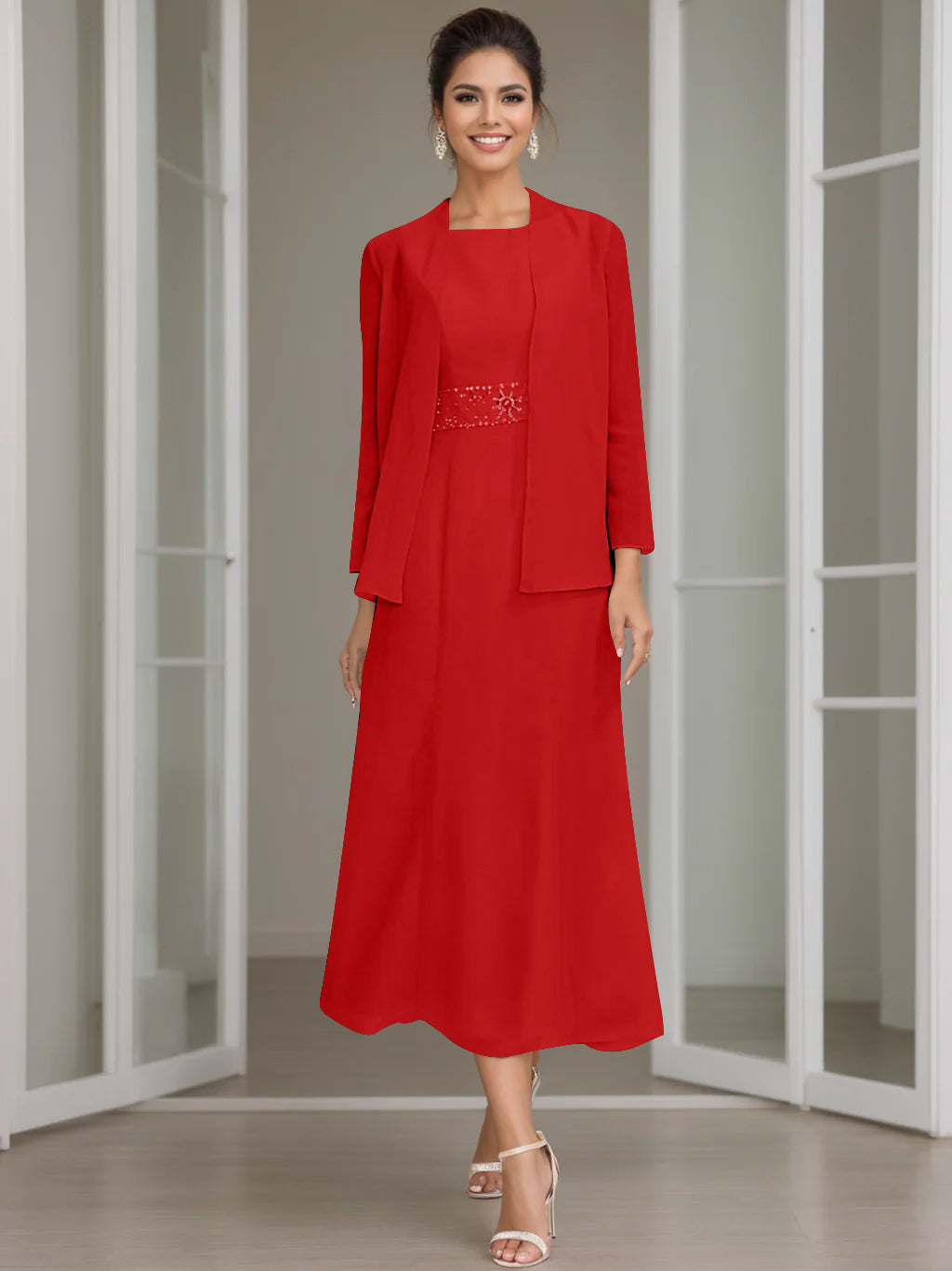 Column Jewel Neck Tea Length Mother of the Bride Dress