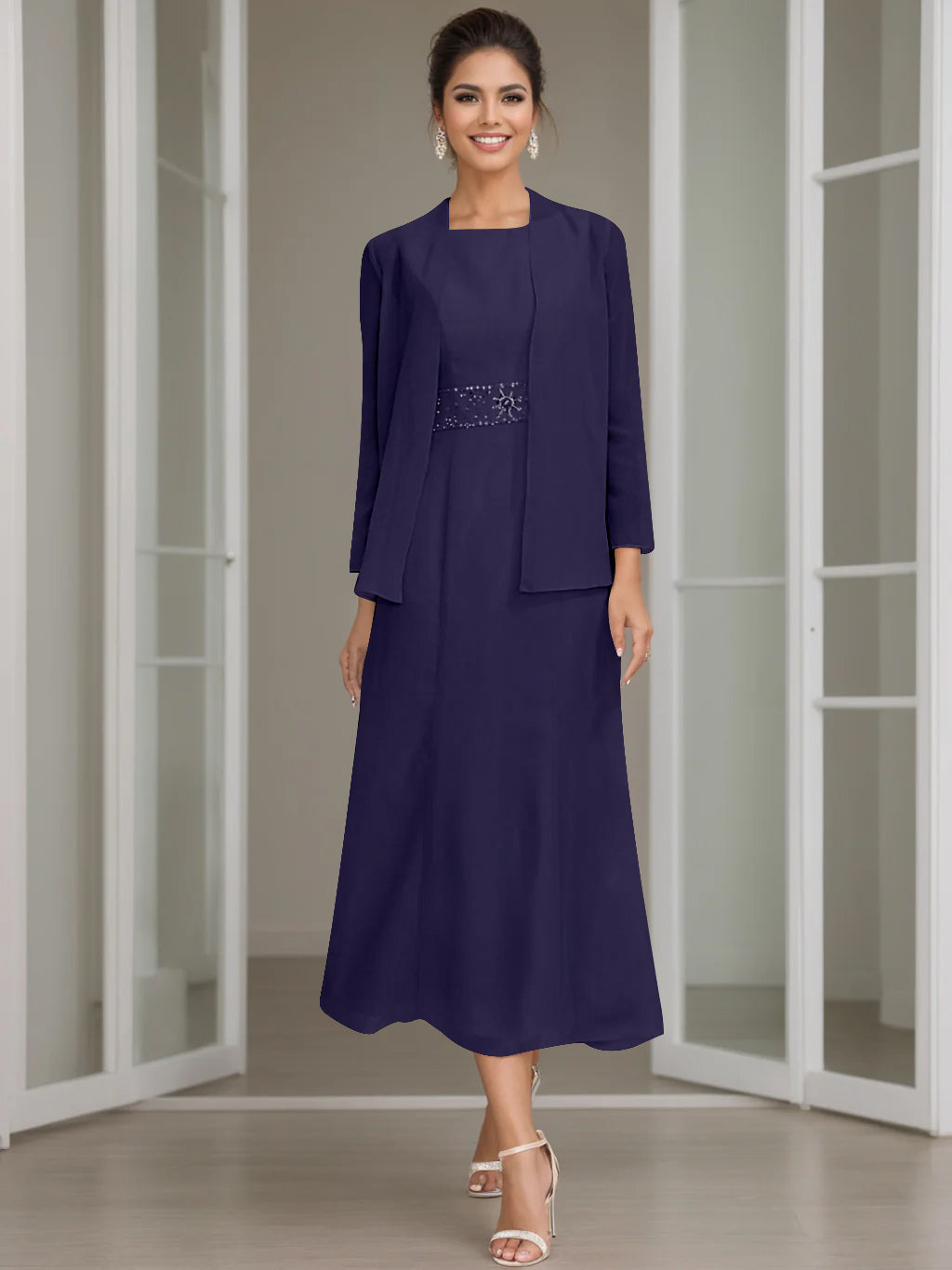 Column Jewel Neck Tea Length Mother of the Bride Dress