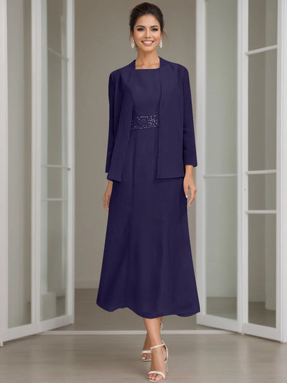 Column Jewel Neck Tea Length Mother of the Bride Dress