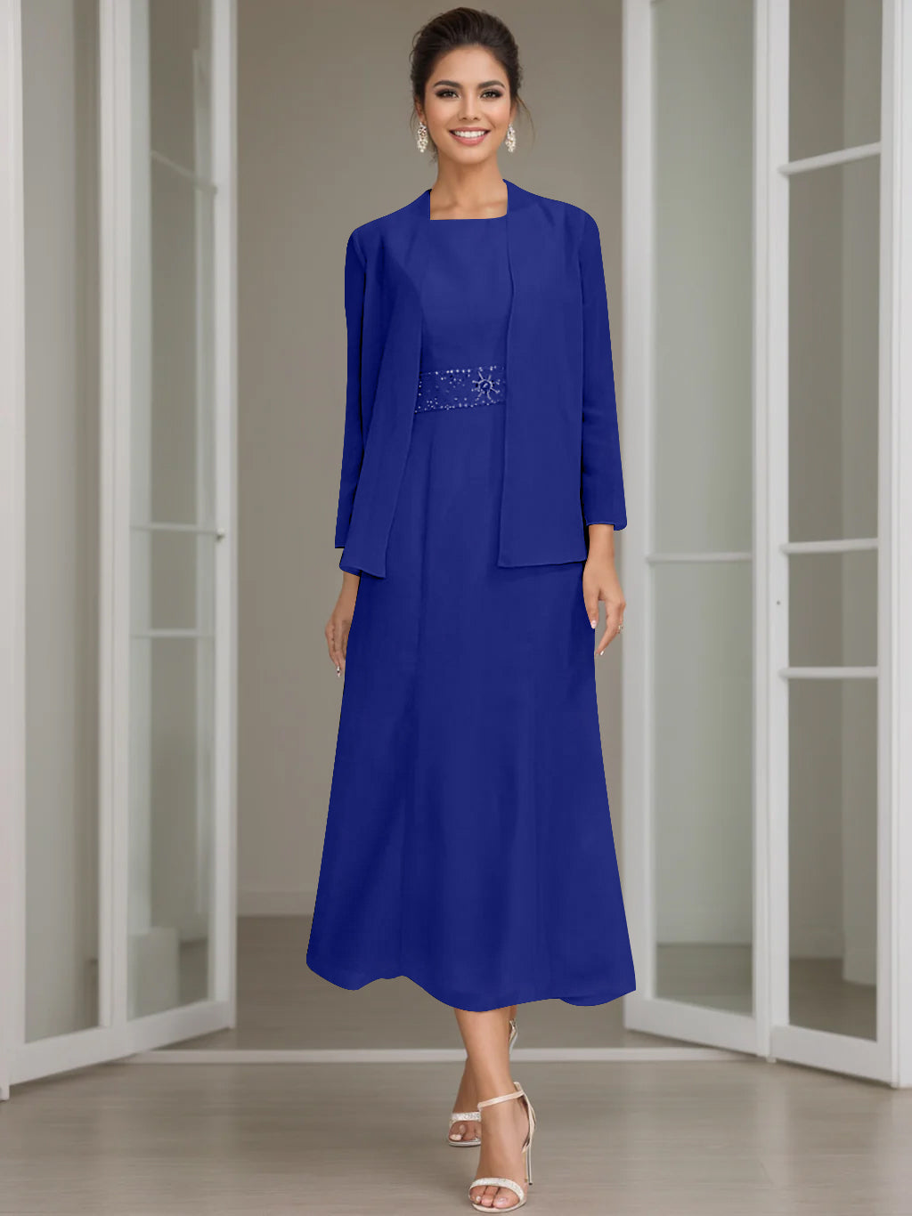 Column Jewel Neck Tea Length Mother of the Bride Dress