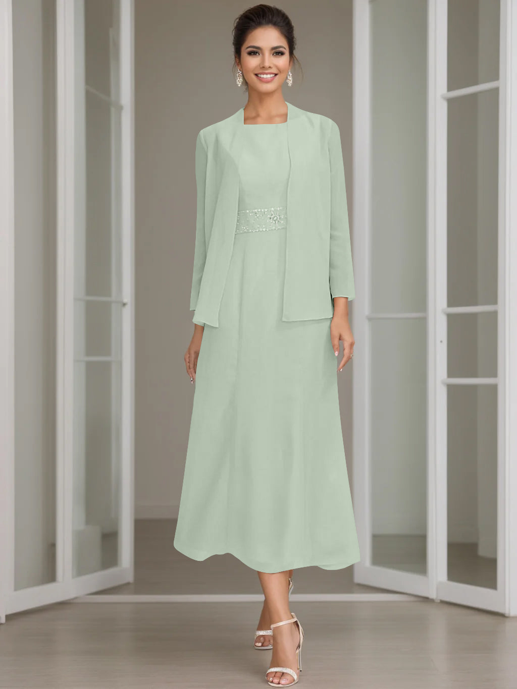 Column Jewel Neck Tea Length Mother of the Bride Dress