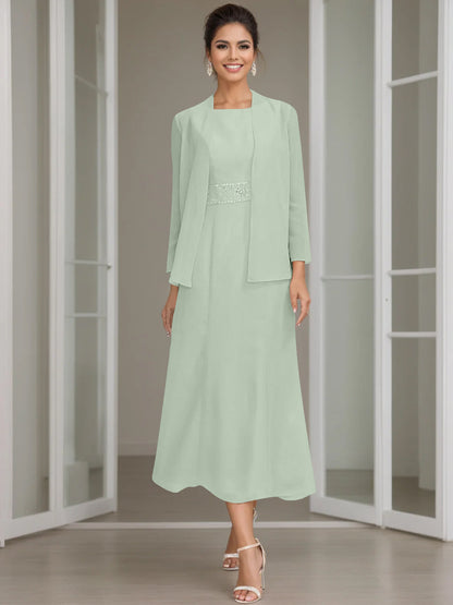 Column Jewel Neck Tea Length Mother of the Bride Dress