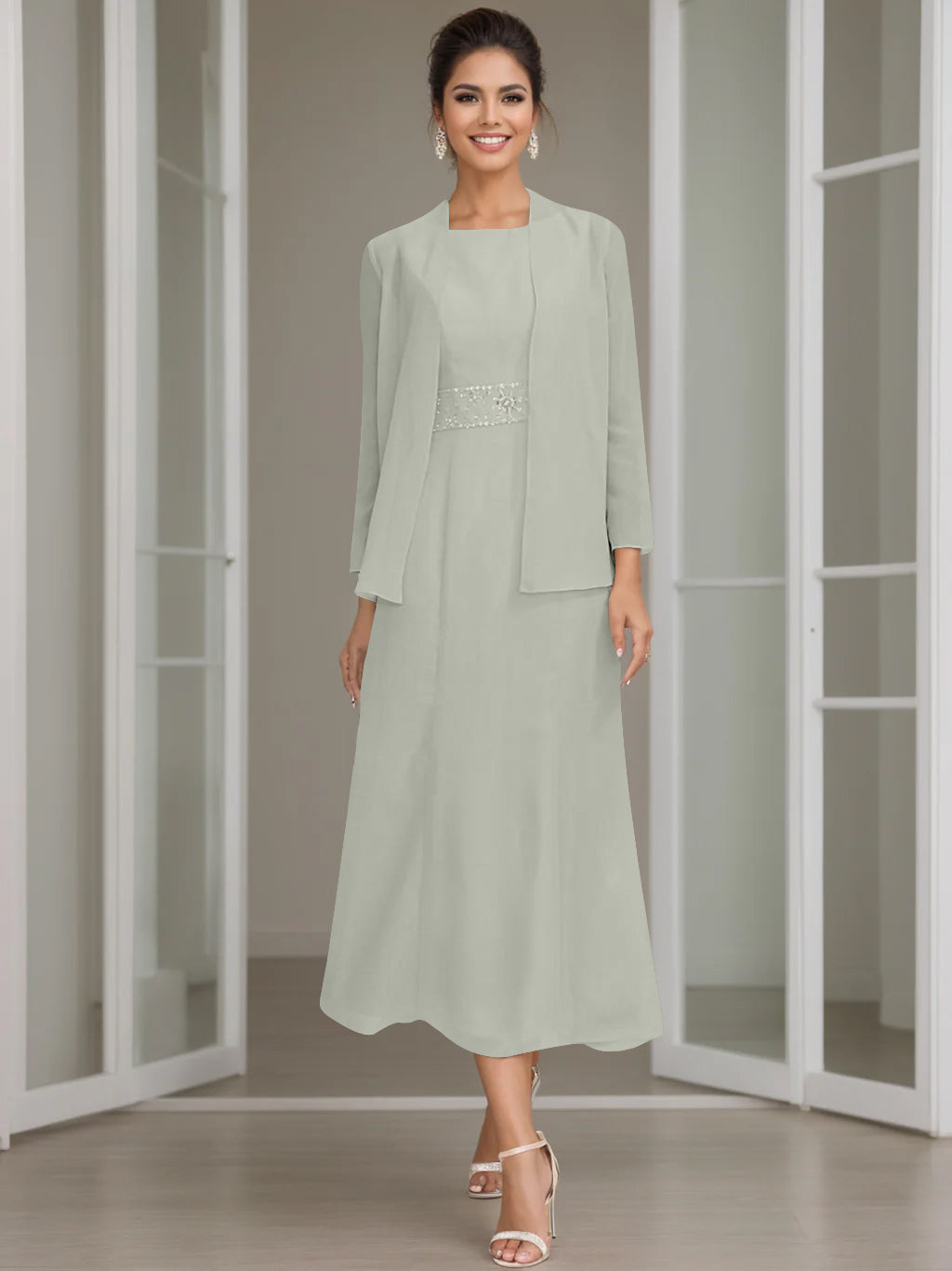 Column Jewel Neck Tea Length Mother of the Bride Dress