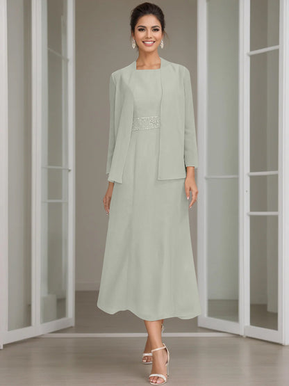 Column Jewel Neck Tea Length Mother of the Bride Dress
