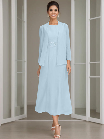 Column Jewel Neck Tea Length Mother of the Bride Dress