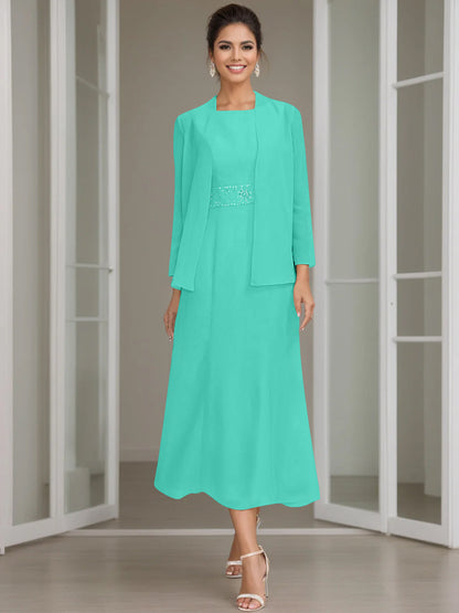 Column Jewel Neck Tea Length Mother of the Bride Dress
