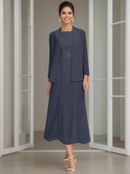 Column Jewel Neck Tea Length Mother of the Bride Dress