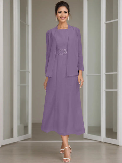 Column Jewel Neck Tea Length Mother of the Bride Dress