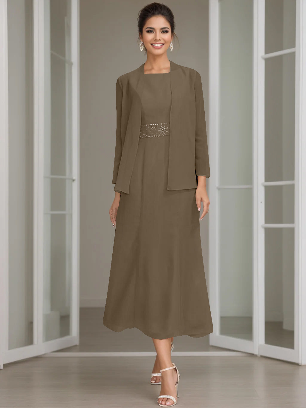 Column Jewel Neck Tea Length Mother of the Bride Dress