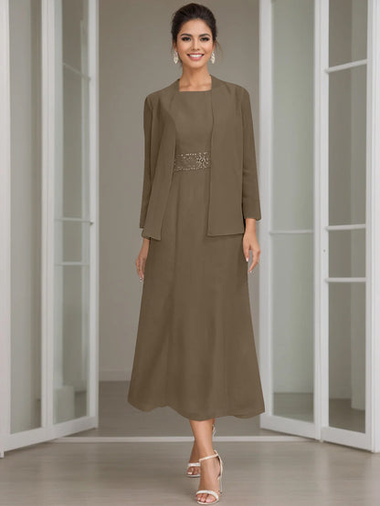 Column Jewel Neck Tea Length Mother of the Bride Dress