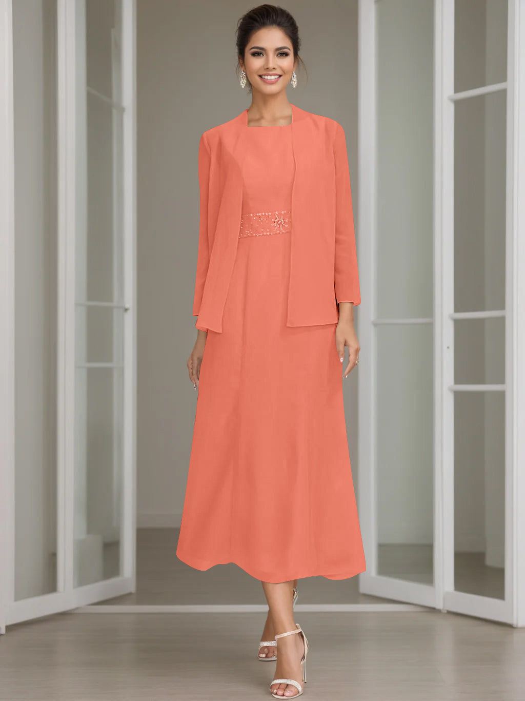 Column Jewel Neck Tea Length Mother of the Bride Dress