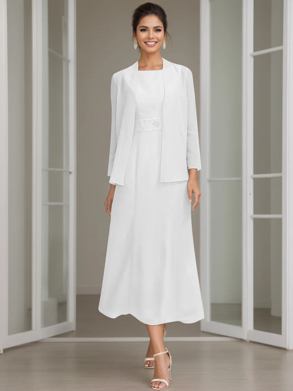 Column Jewel Neck Tea Length Mother of the Bride Dress