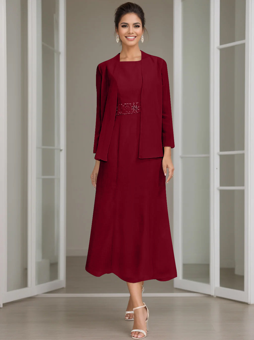 Column Jewel Neck Tea Length Mother of the Bride Dress