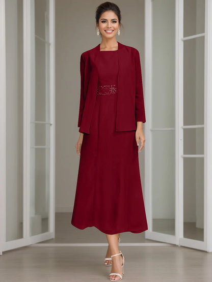 Column Jewel Neck Tea Length Mother of the Bride Dress