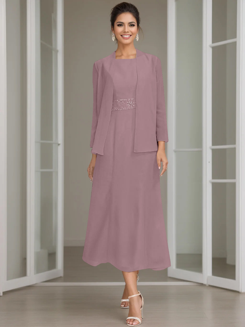 Column Jewel Neck Tea Length Mother of the Bride Dress