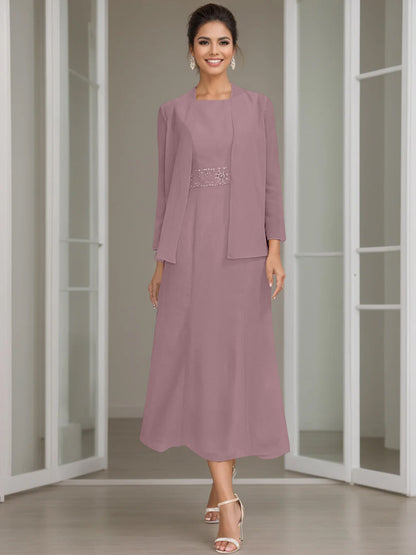 Column Jewel Neck Tea Length Mother of the Bride Dress