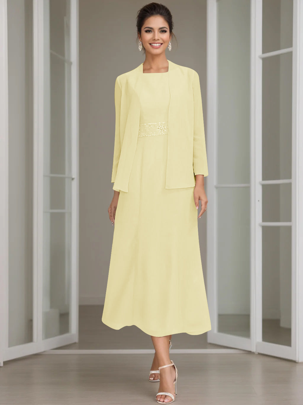 Column Jewel Neck Tea Length Mother of the Bride Dress