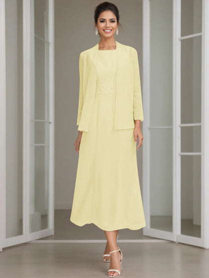 Column Jewel Neck Tea Length Mother of the Bride Dress
