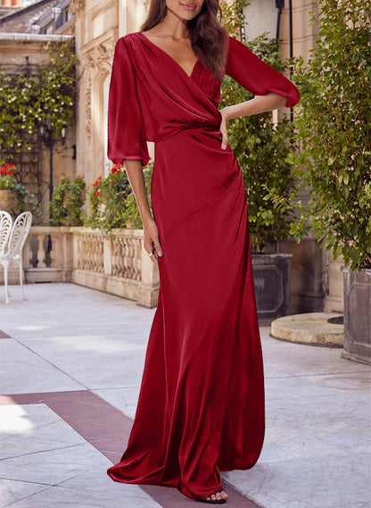 Floral Print V-neck Half Sleeves Red Mother of the Bride
