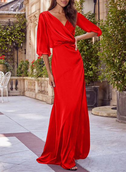 Floral Print V-neck Half Sleeves Red Mother of the Bride