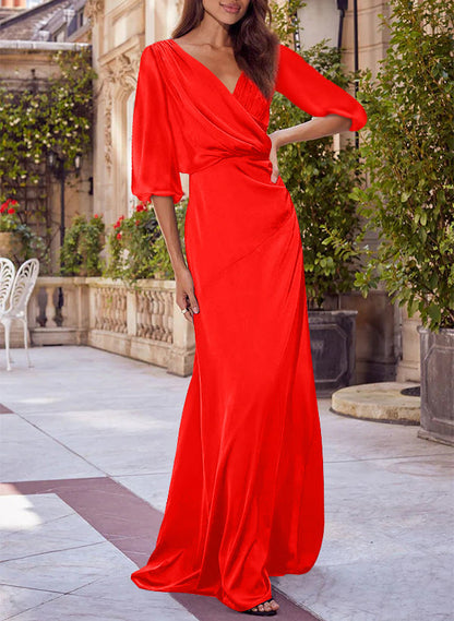 Floral Print V-neck Half Sleeves Red Mother of the Bride