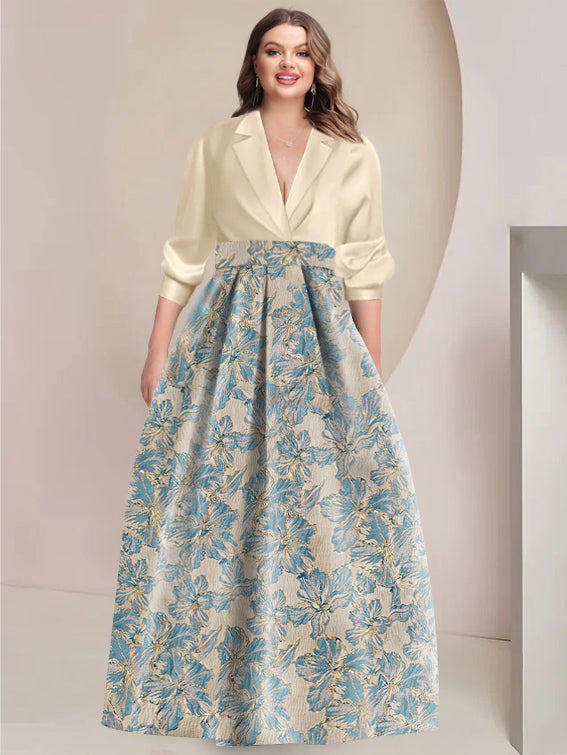 Princess Shirt Collar 3/4 Sleeves Printed Flower Mother of the Bride Dress