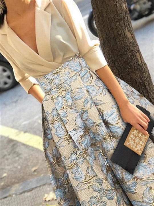 Princess Shirt Collar 3/4 Sleeves Printed Flower Mother of the Bride Dress